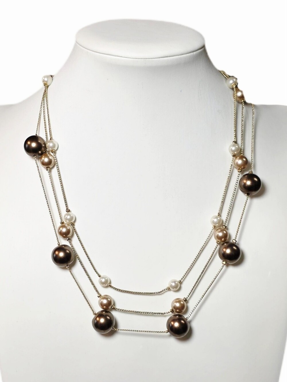 Brown, Gold & Cream Beaded Triple-Strand Gold-Tone Necklace